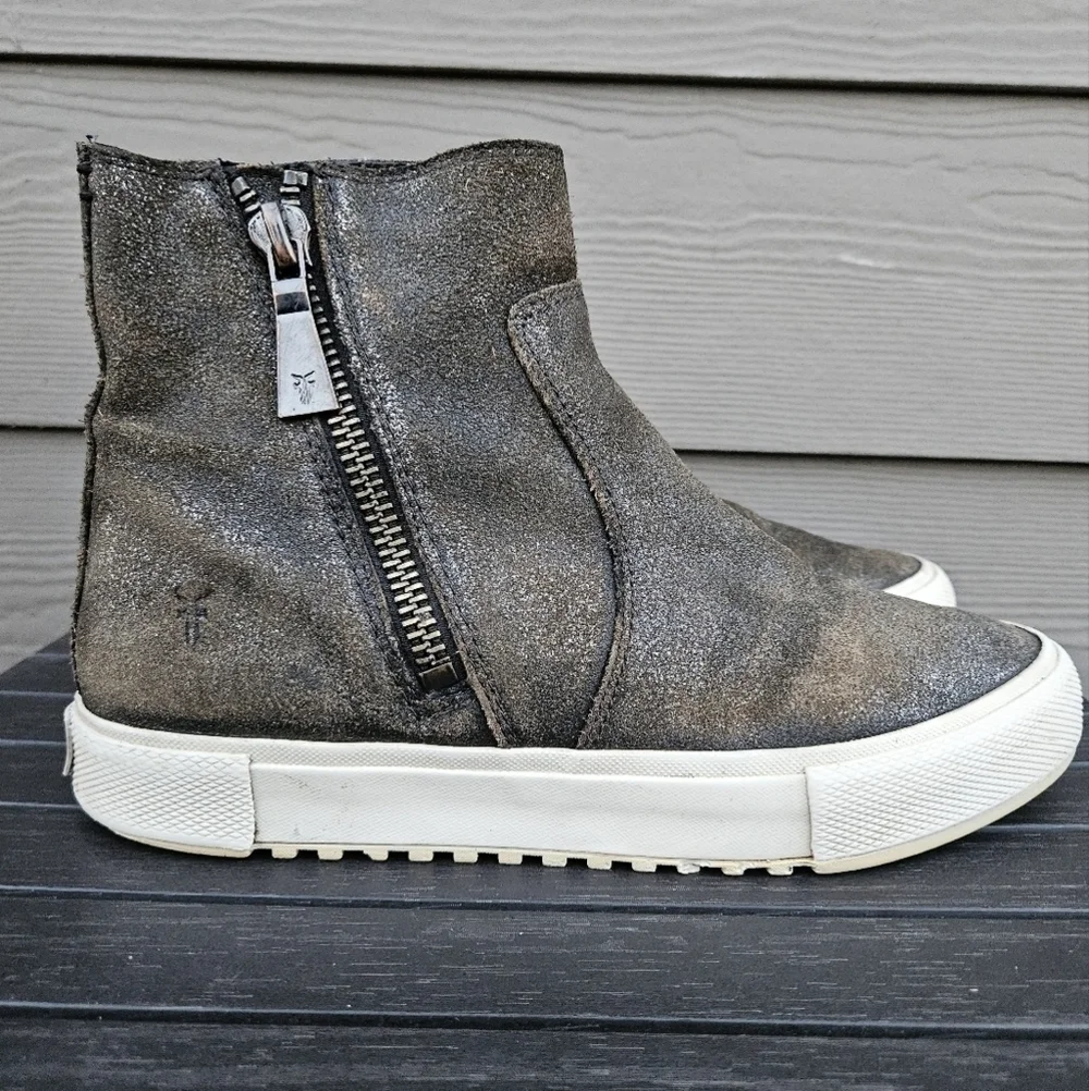 Frye Gia Side Zip Leather High Top Sneakers Silver Bronze Gold Metallic Size 8
